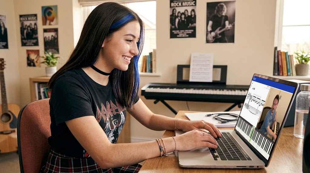 Una alumna recibe en su laptop la corrección en video de su profesor