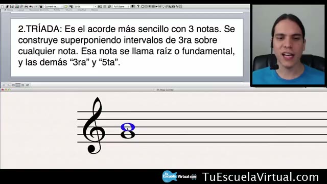 Clase de teoría musical: una nota se convierte en tríada sobre el pentagrama