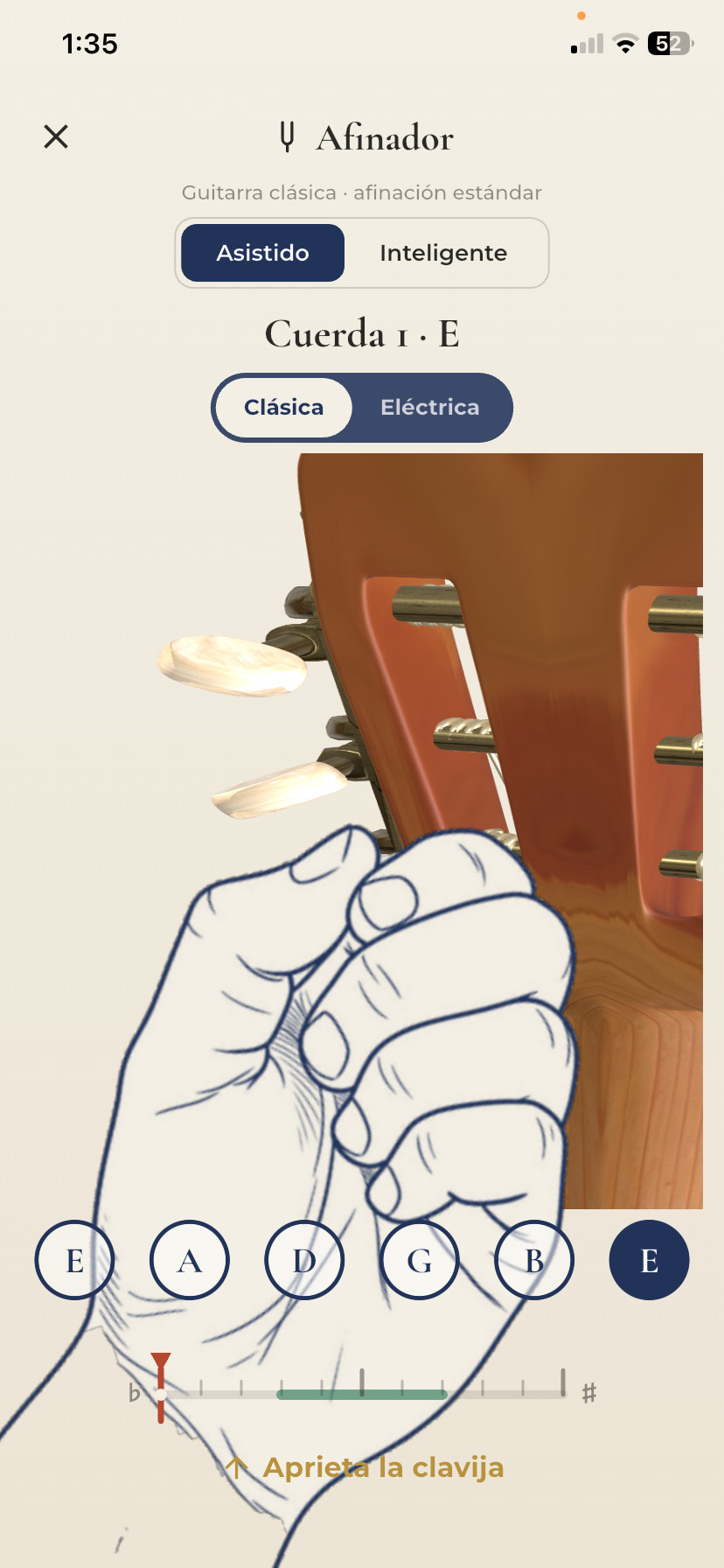 AfinadorTEV en modo asistido, afinando la cuerda 1 de una guitarra clásica