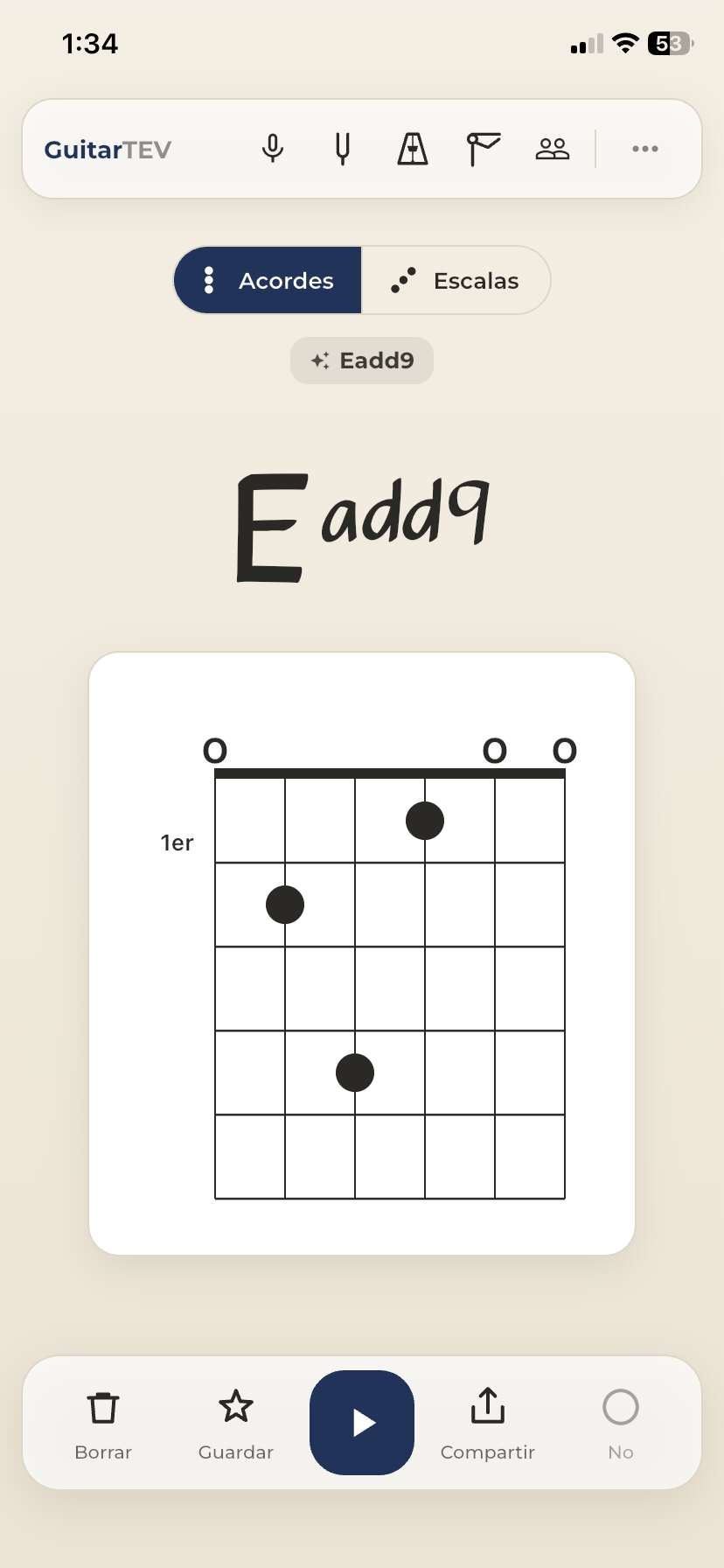 El acorde Eadd9 dibujado en el diagrama, con su barra de acciones