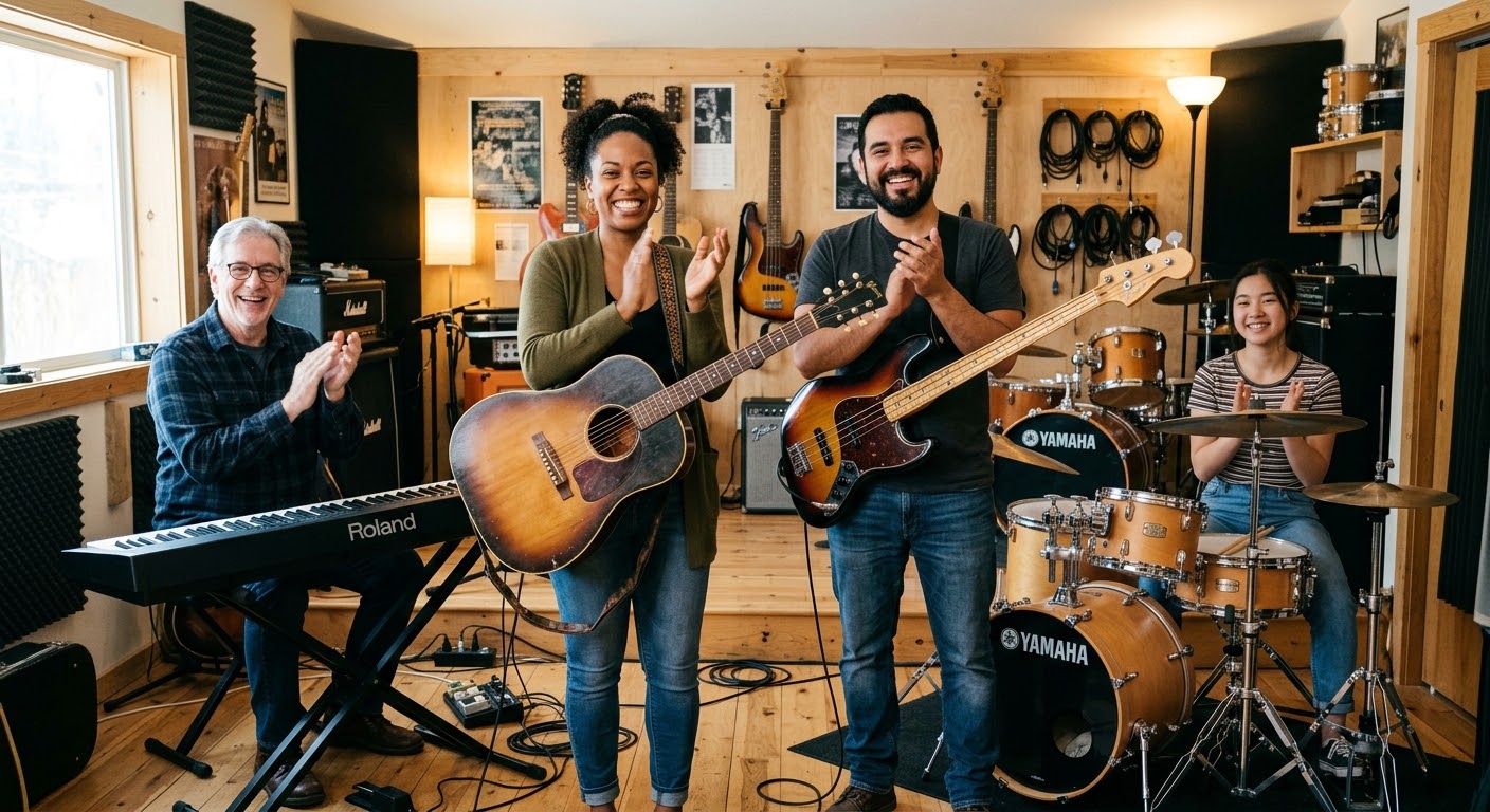 Alumnos de Tu Escuela Virtual tocando juntos en el estudio