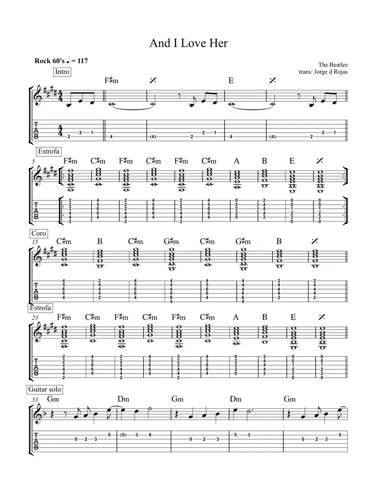 Partitura y tablatura de And I Love Her