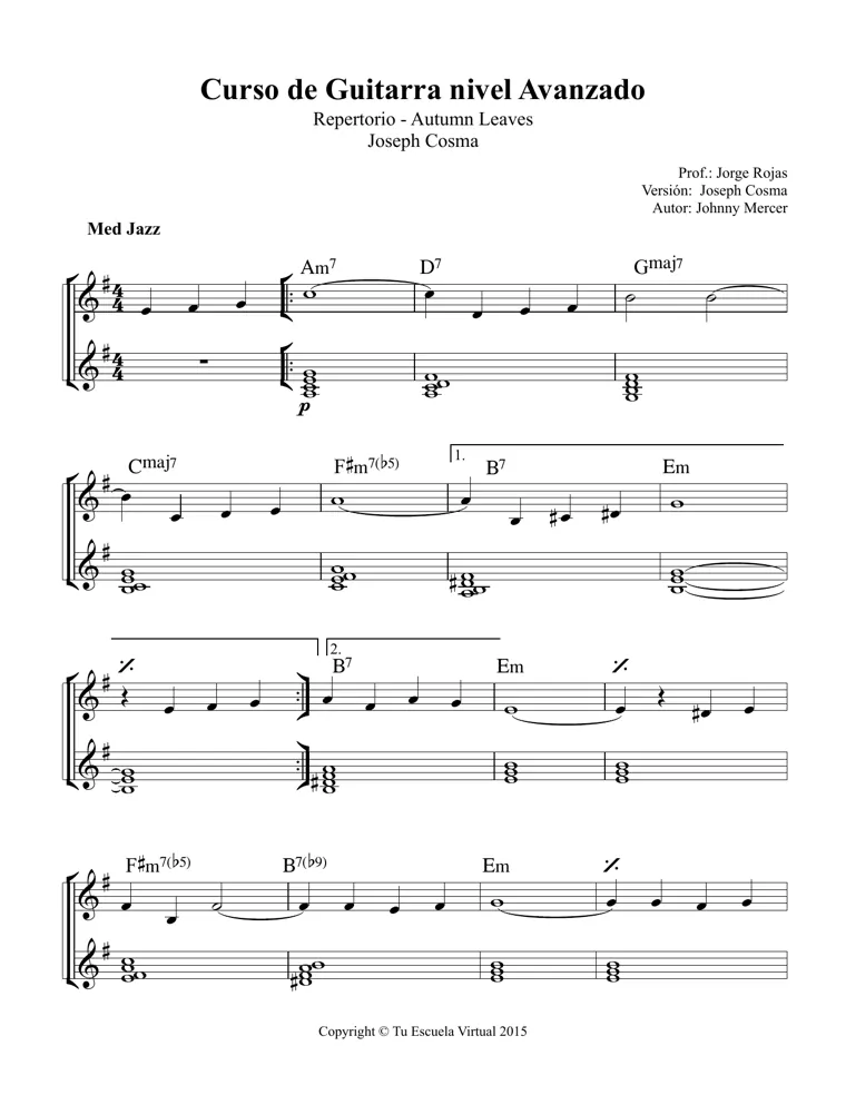 Partitura y tablatura de Autumn Leaves