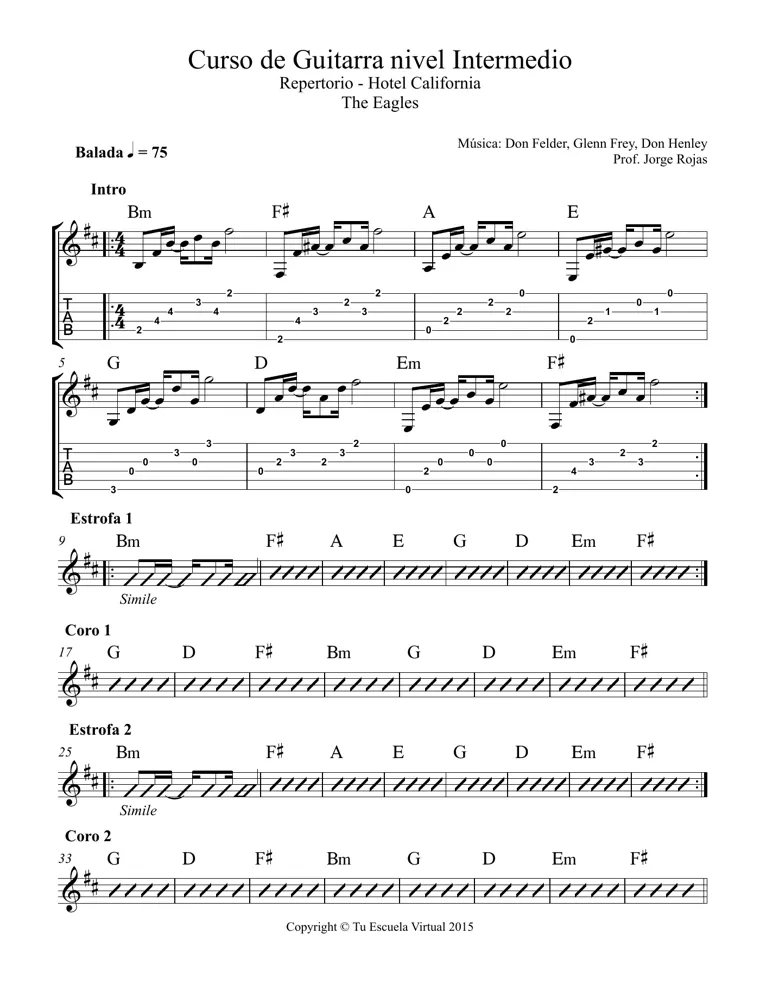 Partitura y tablatura de Hotel California