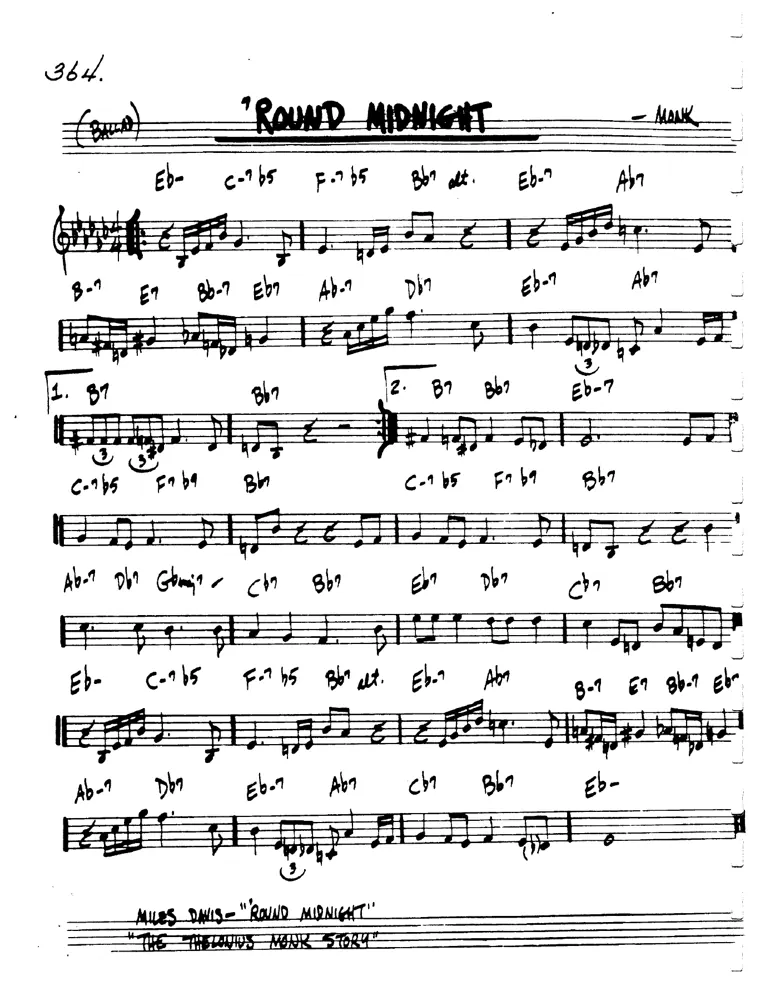 Partitura lead sheet de 'Round Midnight