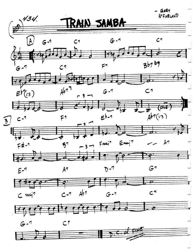Partitura lead sheet de Train Samba
